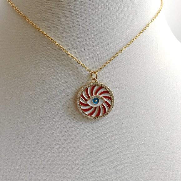 Gold Plated Evil Eye Cubic Zirconia Enamel Charm Pendant Necklace - Picture 2 of 6